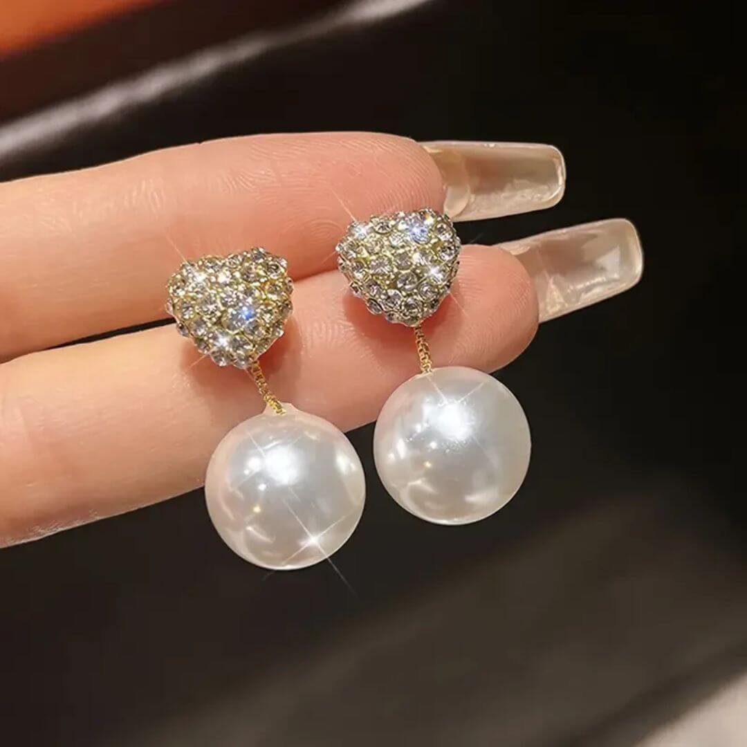 Heart Crystal Pearl Drop Earrings - Diane Jewelry