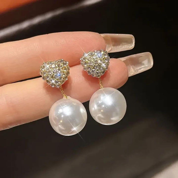 Heart Crystal Pearl Drop Earrings - Diane Jewelry