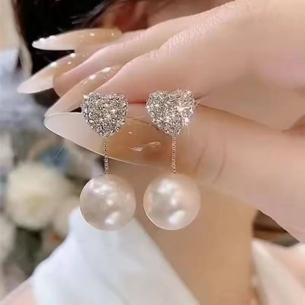 Heart Crystal Pearl Drop Earrings - Diane Jewelry