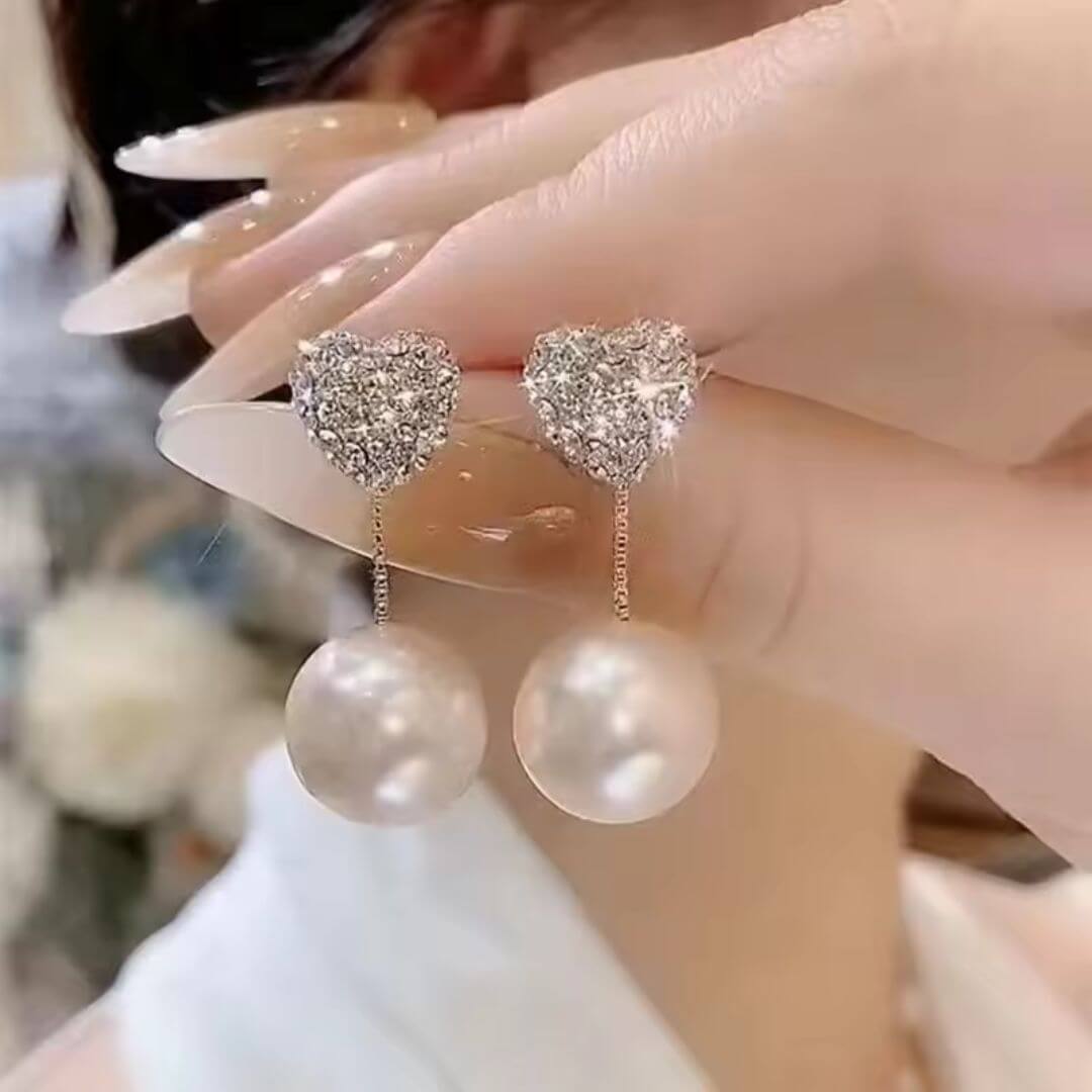 Heart Crystal Pearl Drop Earrings - Diane Jewelry