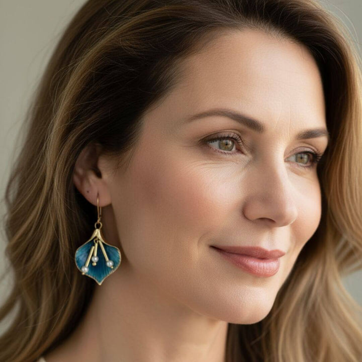 Blue Floral Pearl Drop Earrings