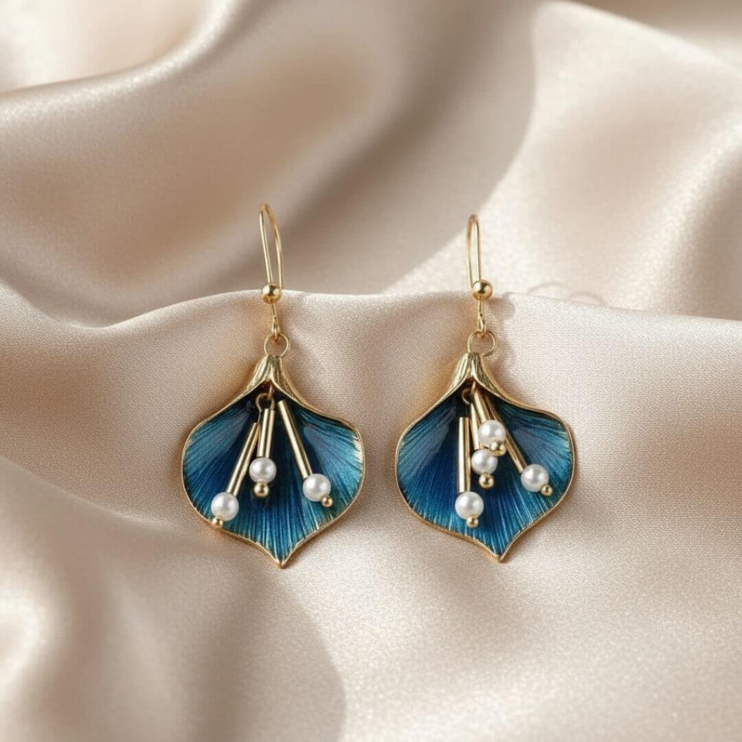 Blue Floral Pearl Drop Earrings