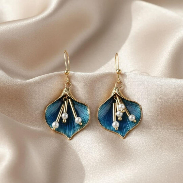 Blue Floral Pearl Drop Earrings