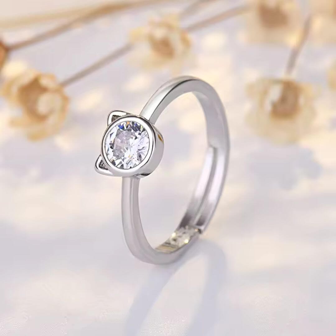 Silver Cat Ear Crystal Ring - Diane Jewelry