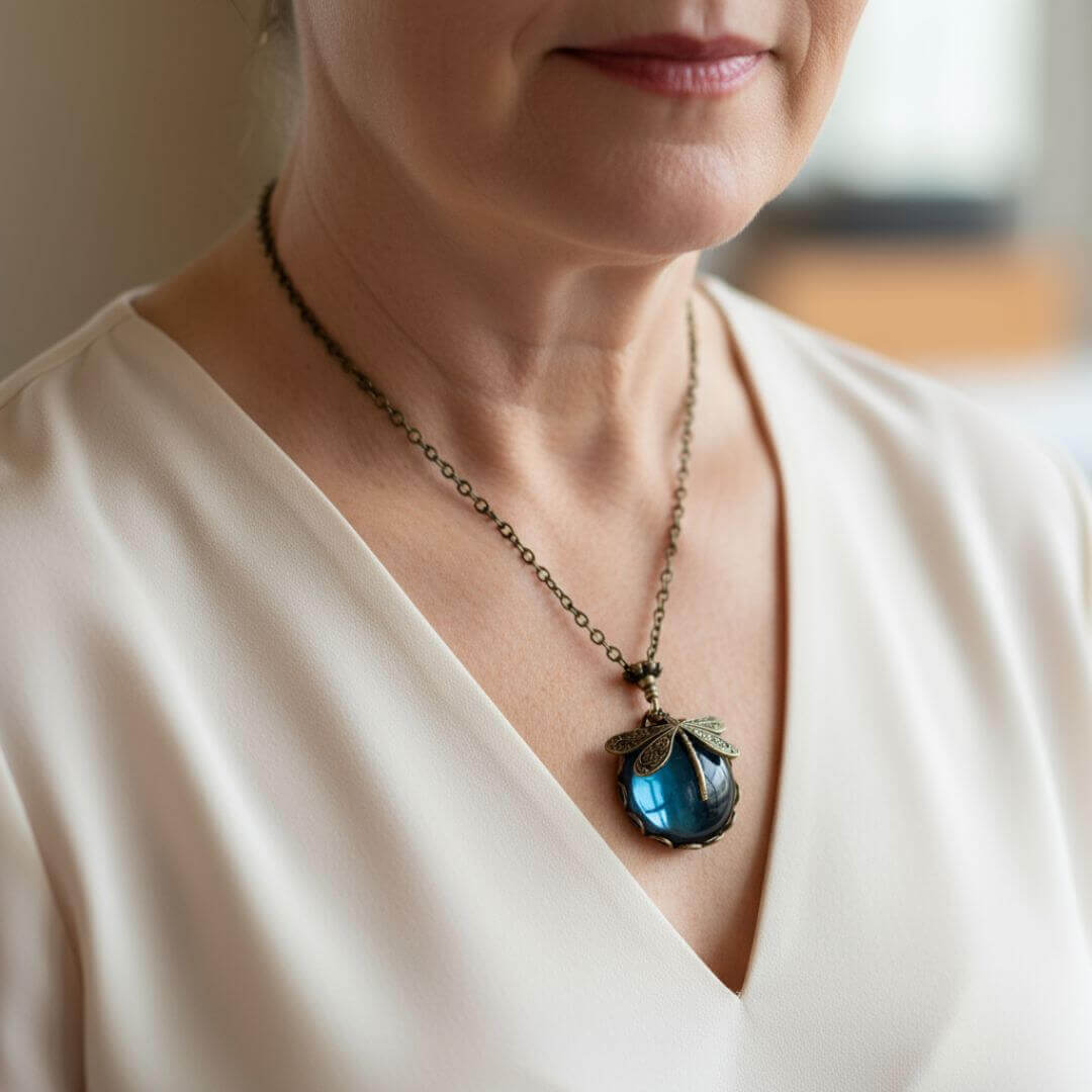 Vintage Dragonfly Blue Glass Necklace