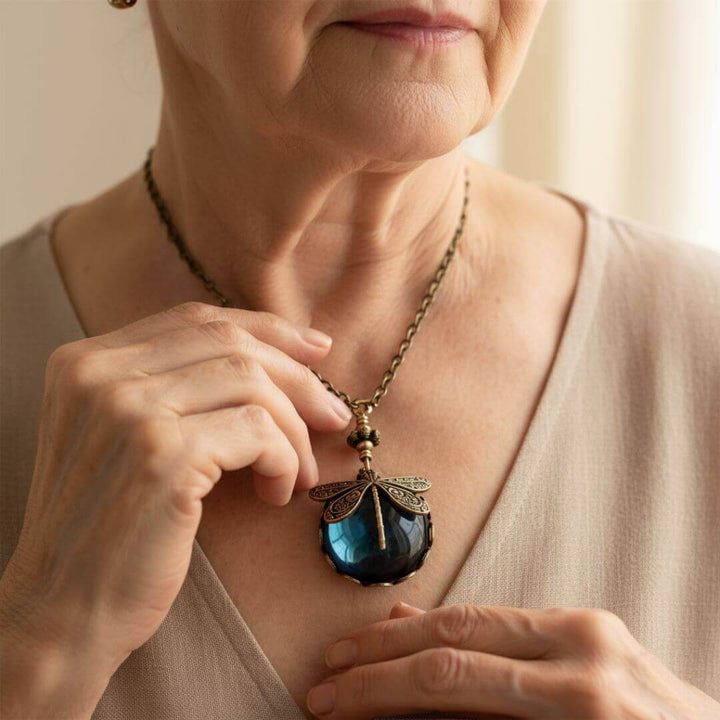 Vintage Dragonfly Blue Glass Necklace