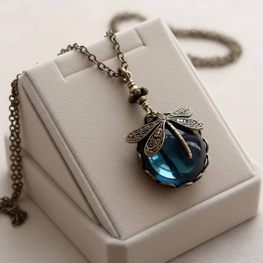 Vintage Dragonfly Blue Glass Necklace