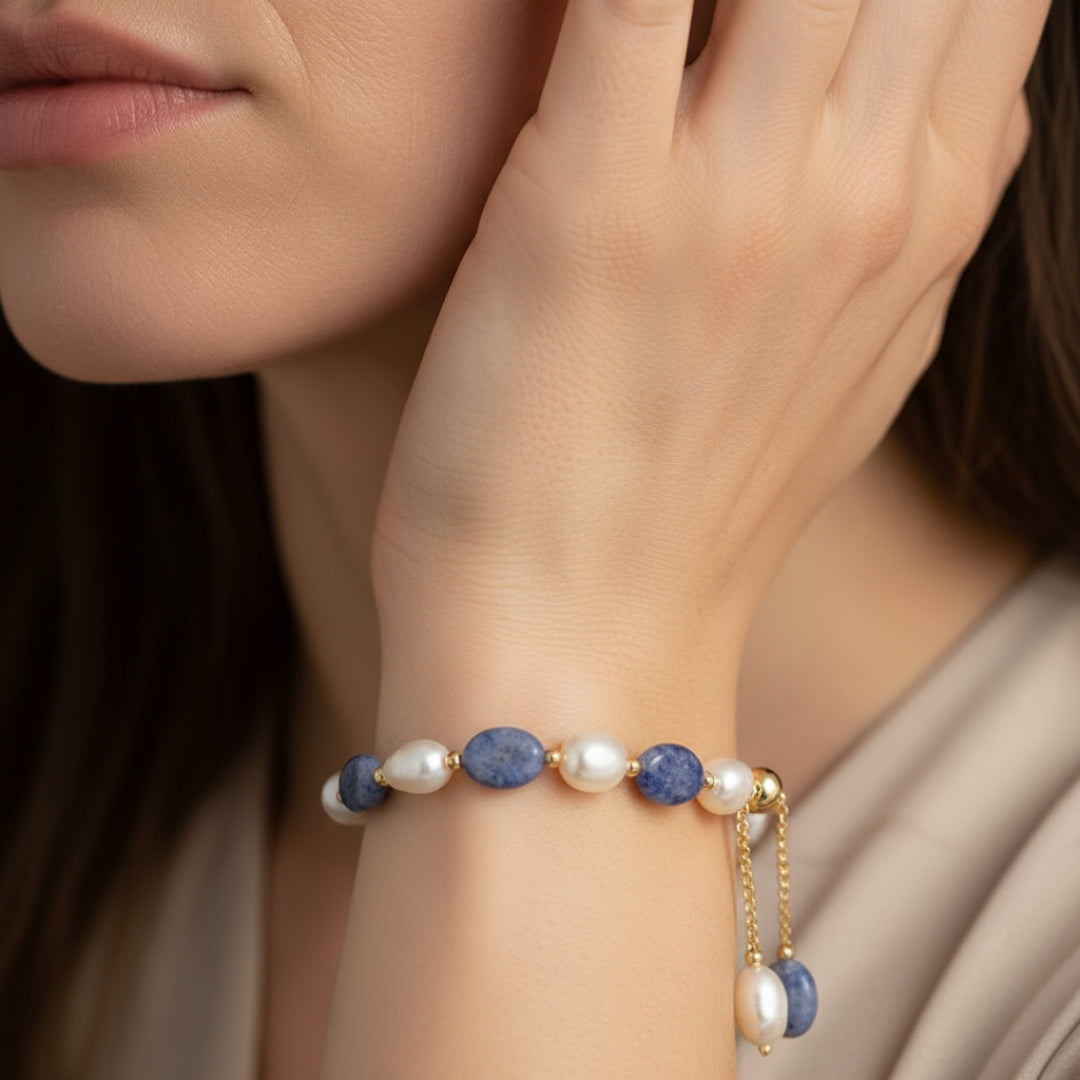 Blue Lapis Pearl Bead Bracelet