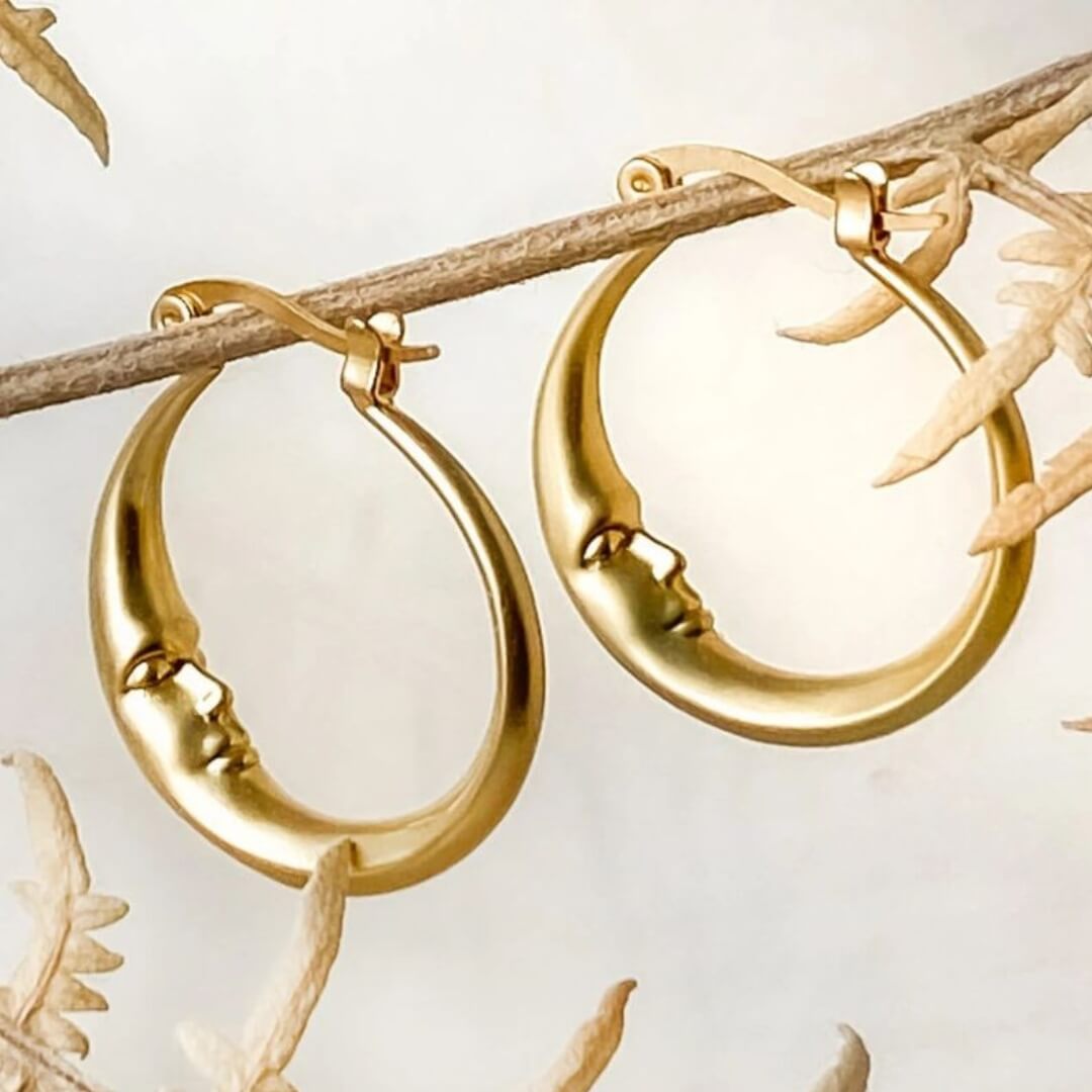 Gold Crescent Moon Face Earrings - Diane Jewelry