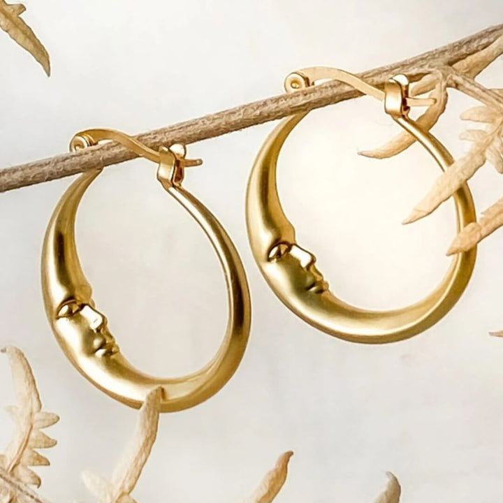 Gold Crescent Moon Face Earrings - Diane Jewelry