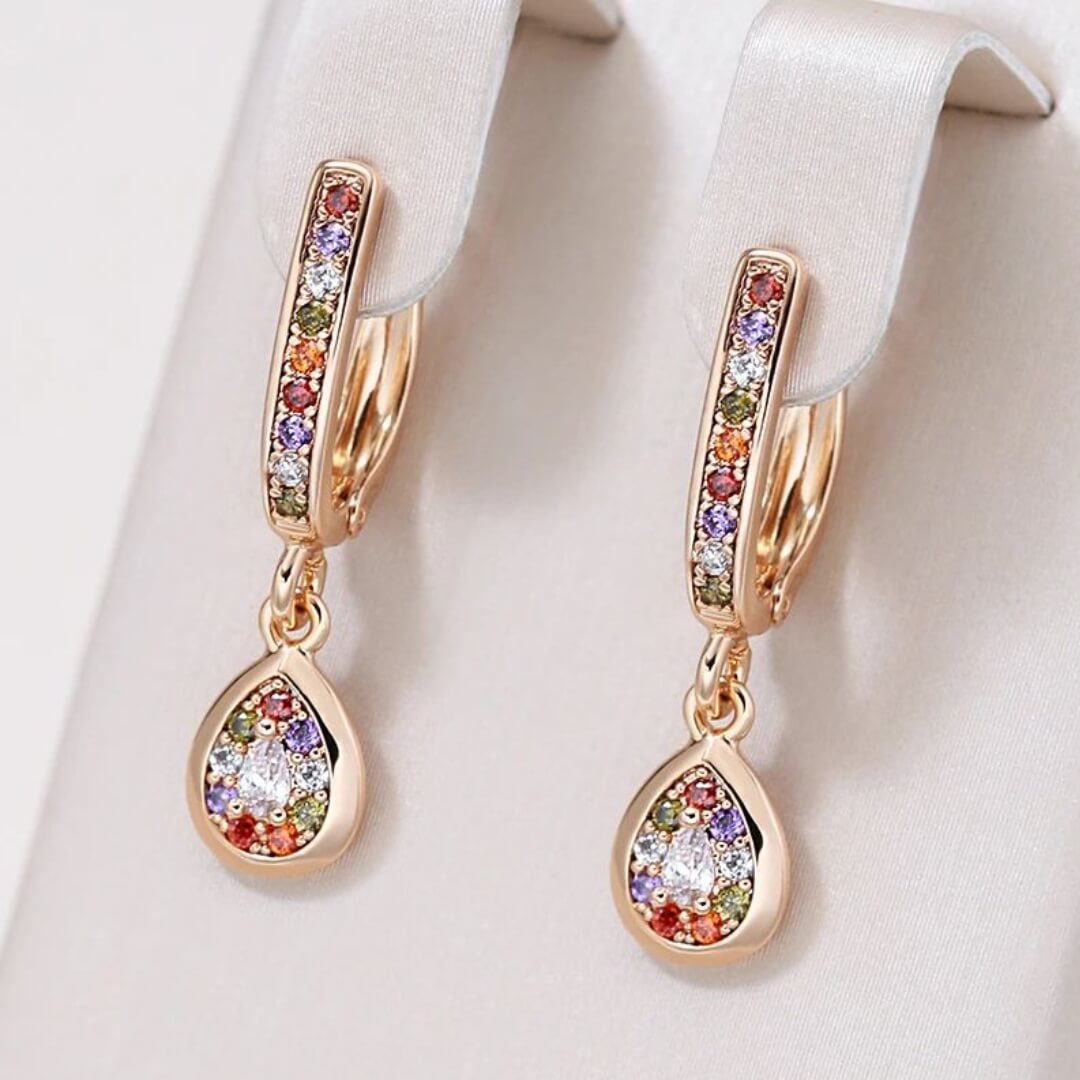Rainbow Gemstone Teardrop Hoop Earrings - Diane Jewelry
