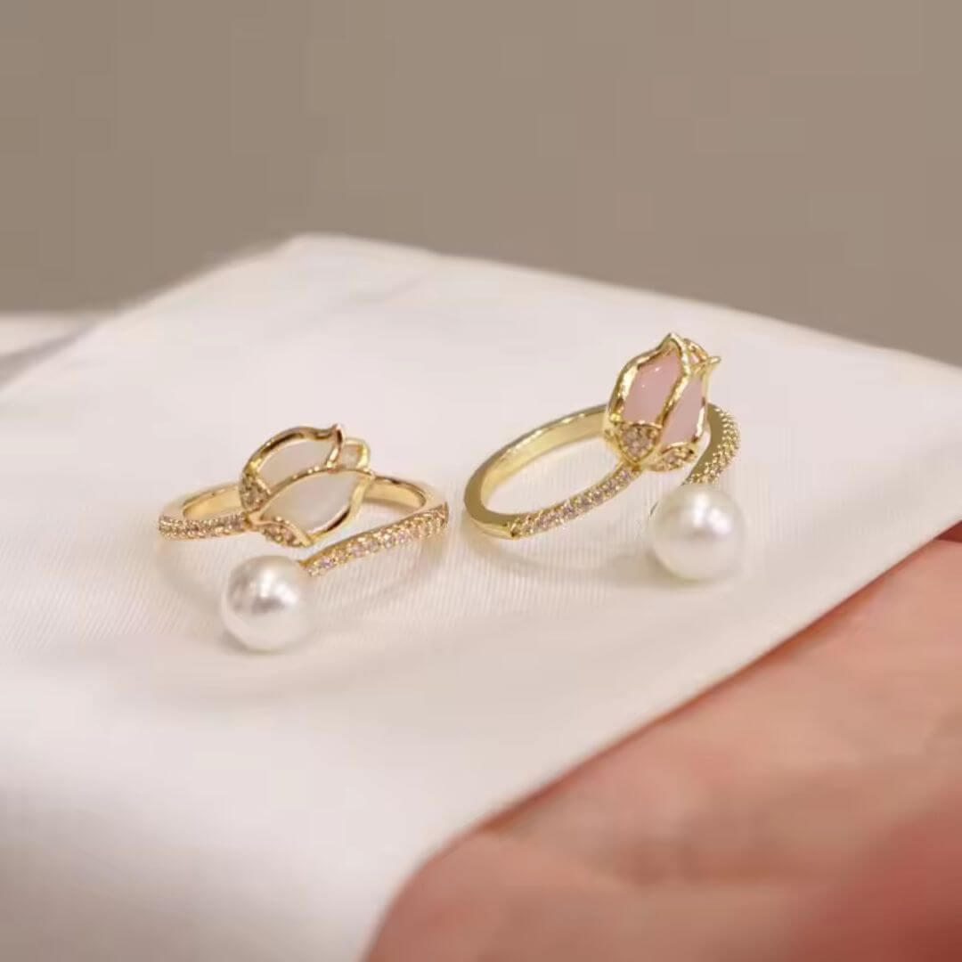 Gold Rosebud Pearl Adjustable Ring - Diane Jewelry