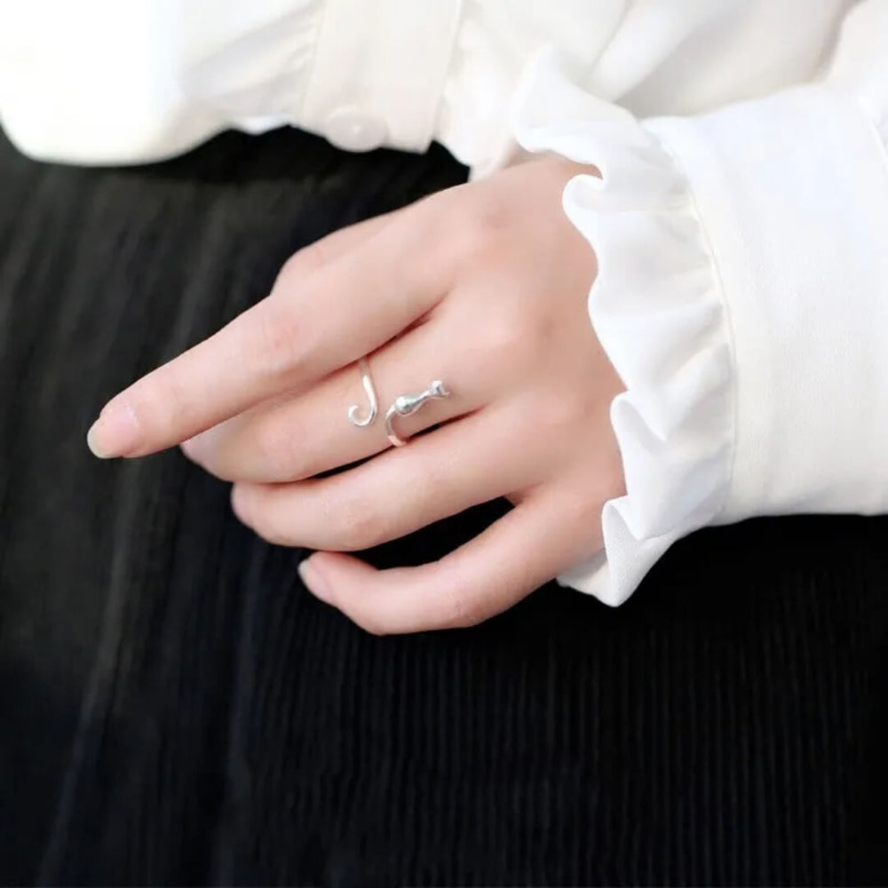 Silver Cat Adjustable Open Ring - Diane Jewelry