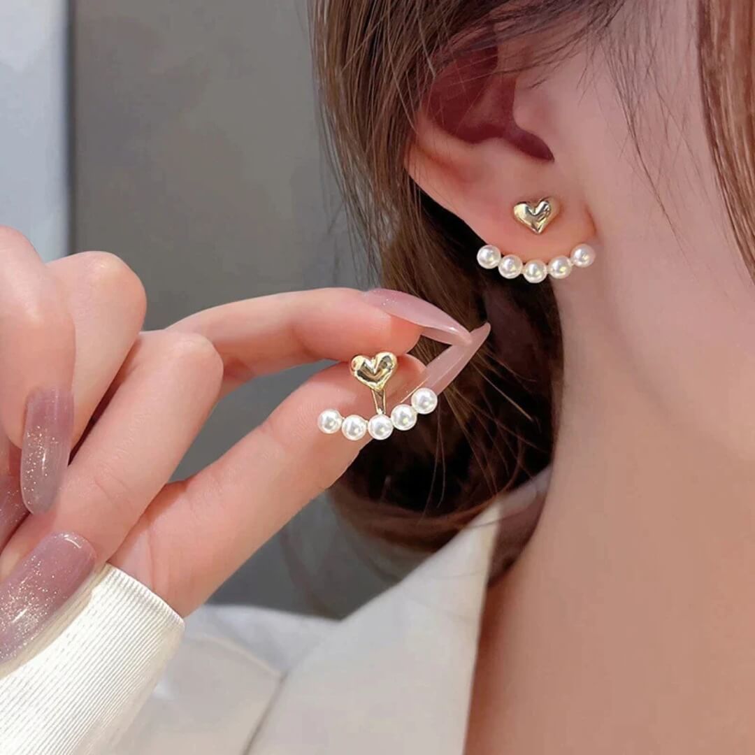 Gold Heart Pearl Stud Earrings - Diane Jewelry