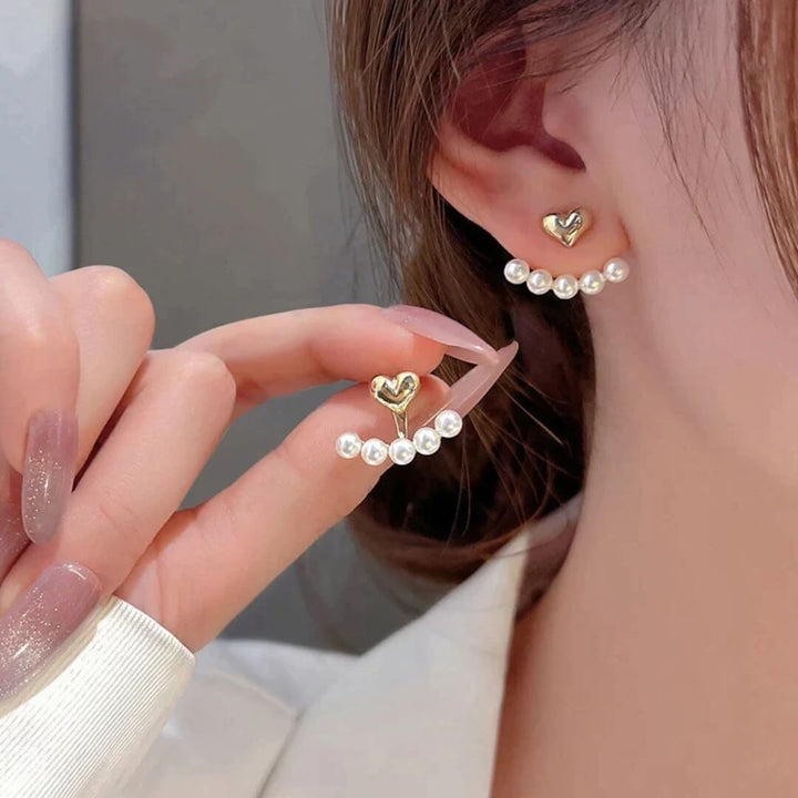 Gold Heart Pearl Stud Earrings - Diane Jewelry